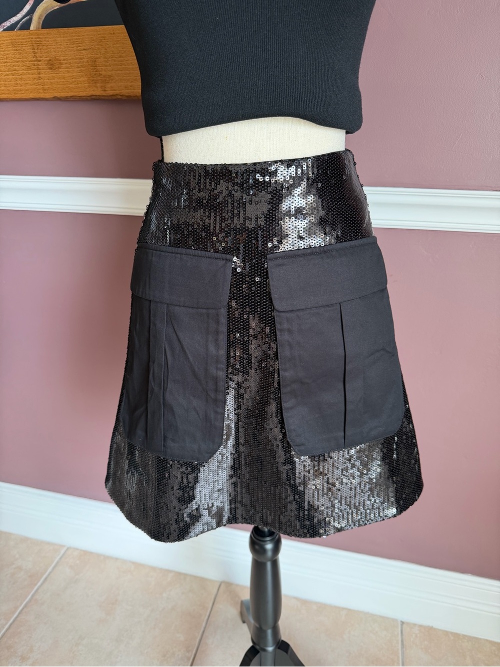 NWT Banana Republic Black Sequin A-Line Skirt with Front Patch Pockets Size 0